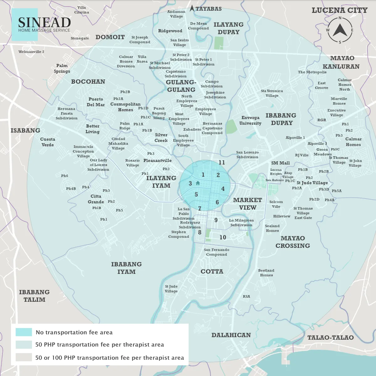 Map of Sinead Home Massage Service Servicing Areas